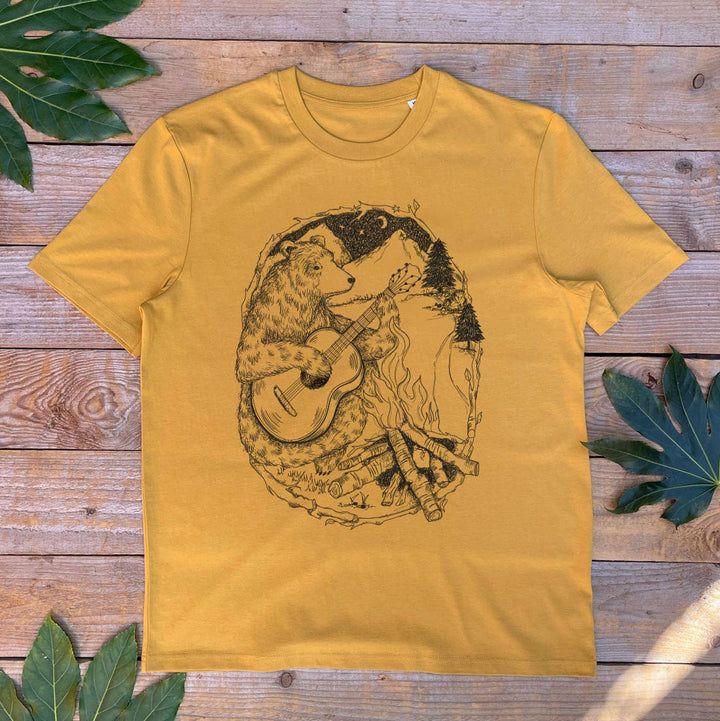 mustard tee with bear playing guitar
