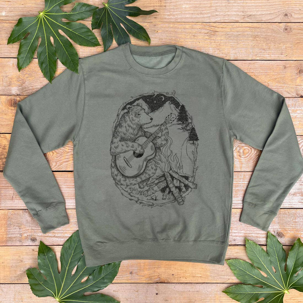 mens bear jumper with campfire 