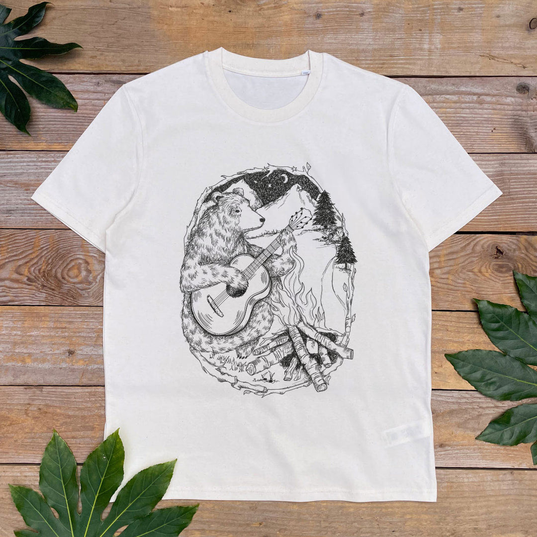 bear sat next to campfire mens tee