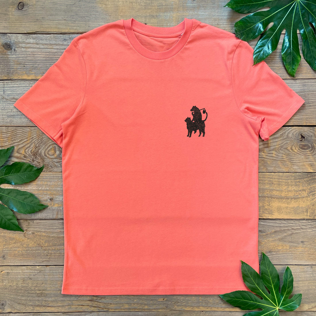 bear riding cat pocket print orange tee