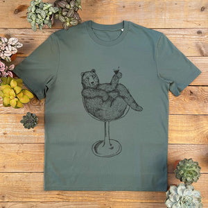 bear sat in cocktail glass on pesto green tshirt