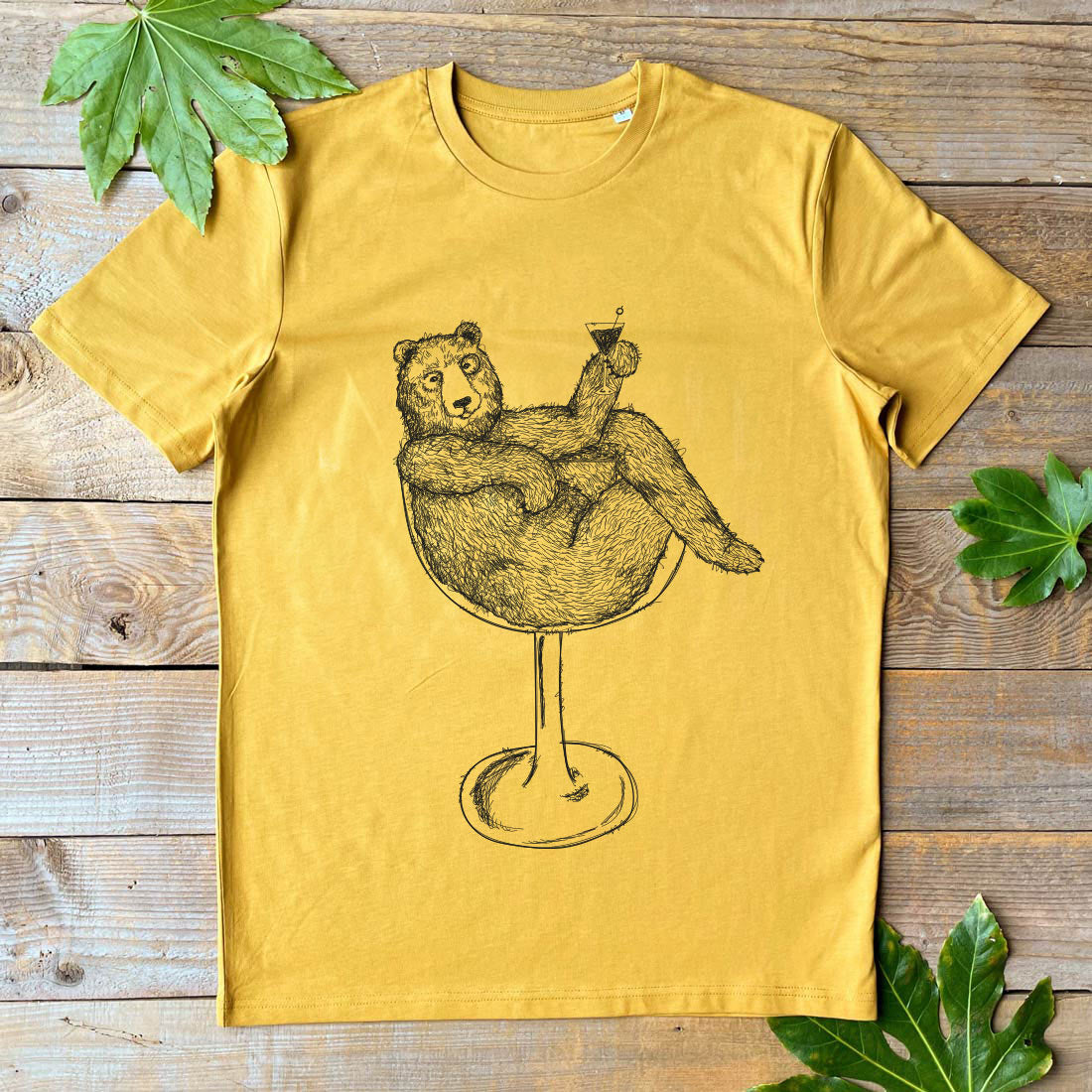 bear sat in wine glass mustard tshirt