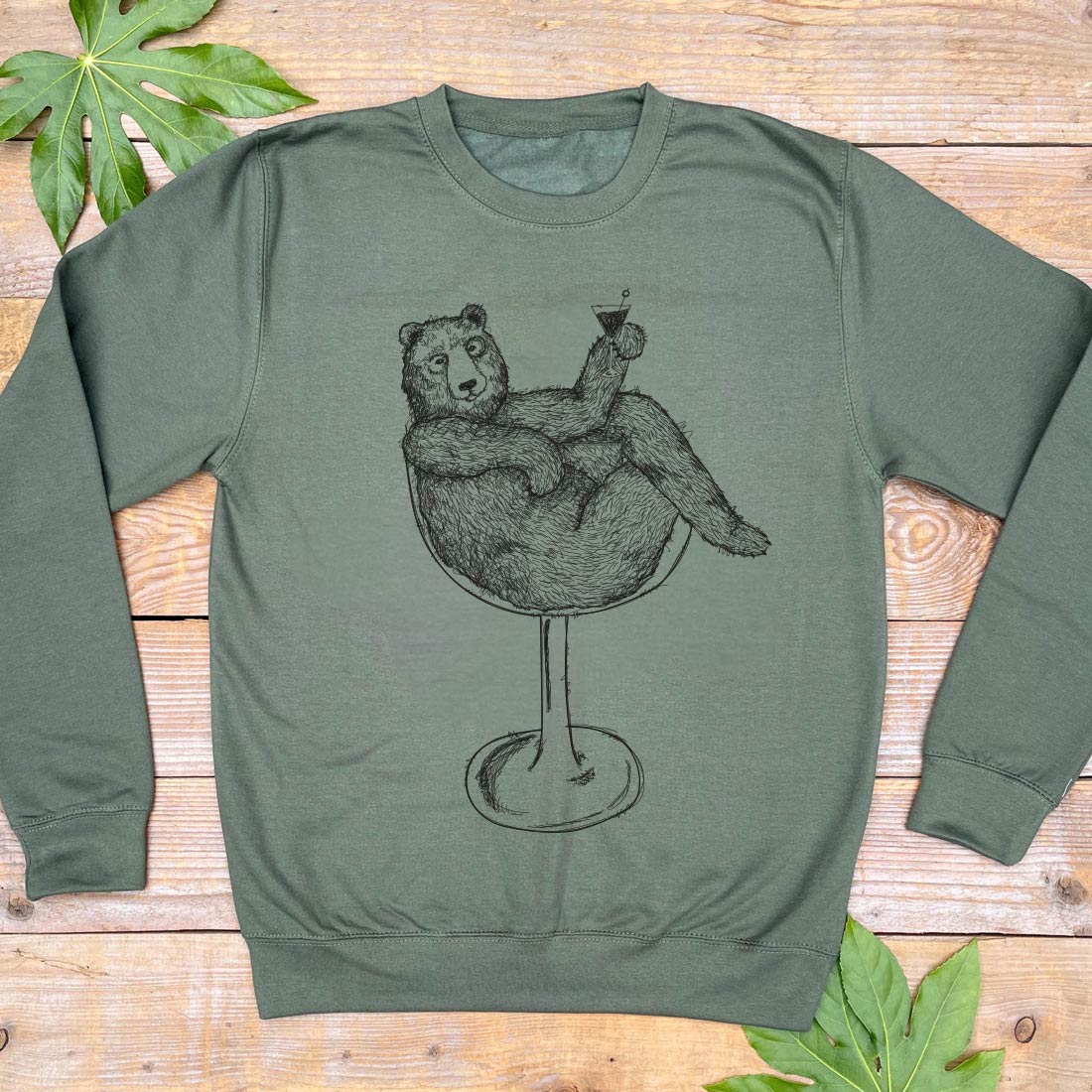 bear in a cocktail glass jumper khaki