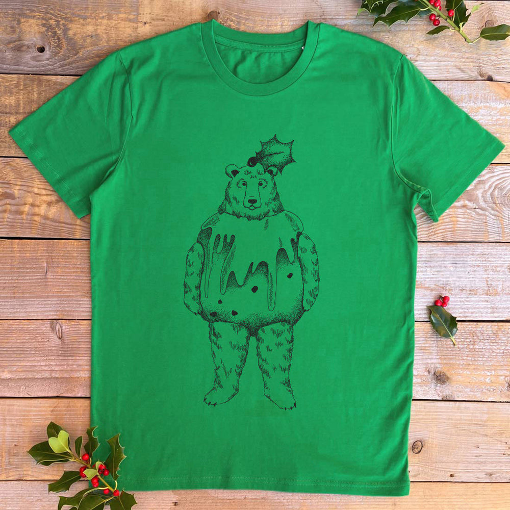 Green t-shirt with a bear wearing a christmas puddingn its body 