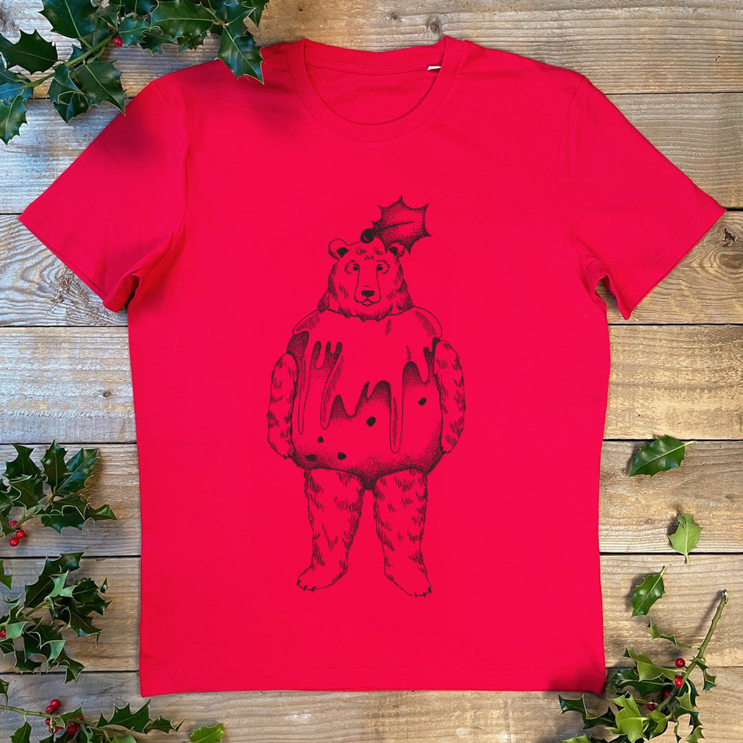 Christmas pudding bear on red xmas t-shirt