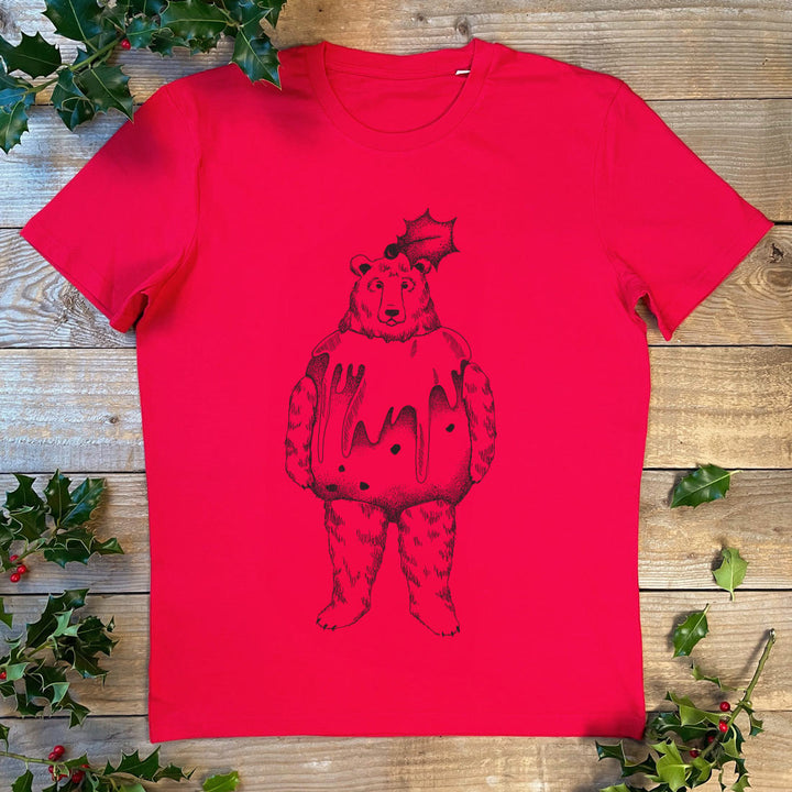 Christmas pudding bear on red xmas t-shirt
