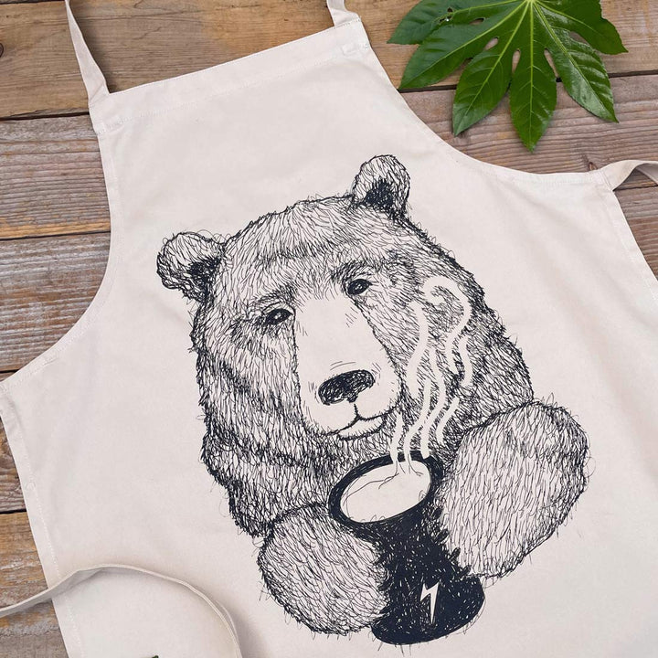bear drinking coffee print on apron