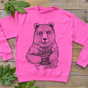 bear eating breakfast pink jumper