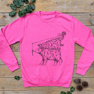 pink xmas jumper with squirrel and bear