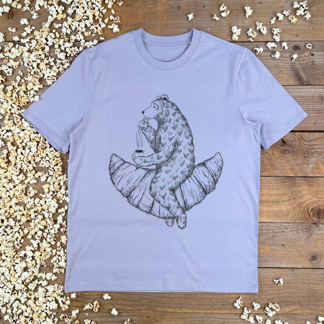 lilac tree with bear riding a croissant design