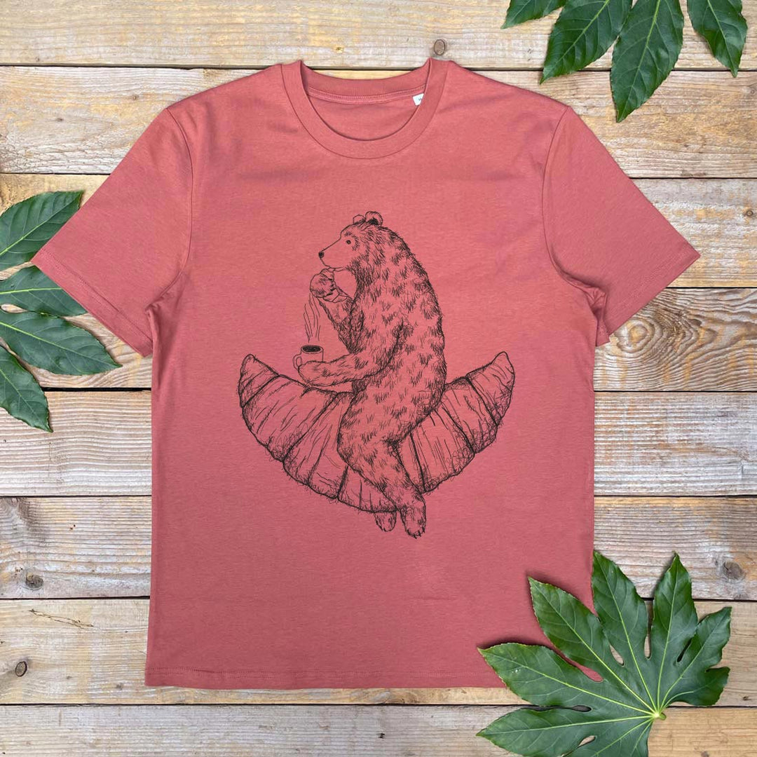 bear eating croissant design on a brown tshirt