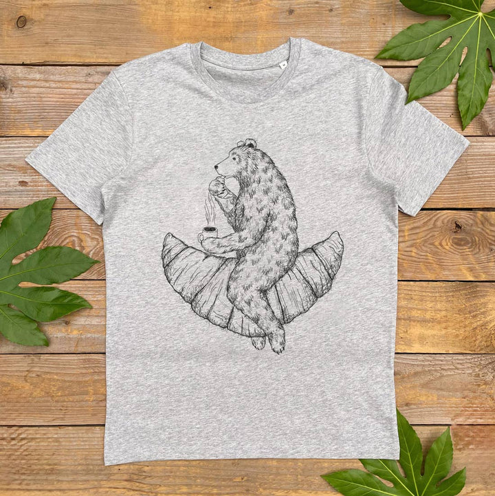 grey tshirt with a bear riding a croissant design