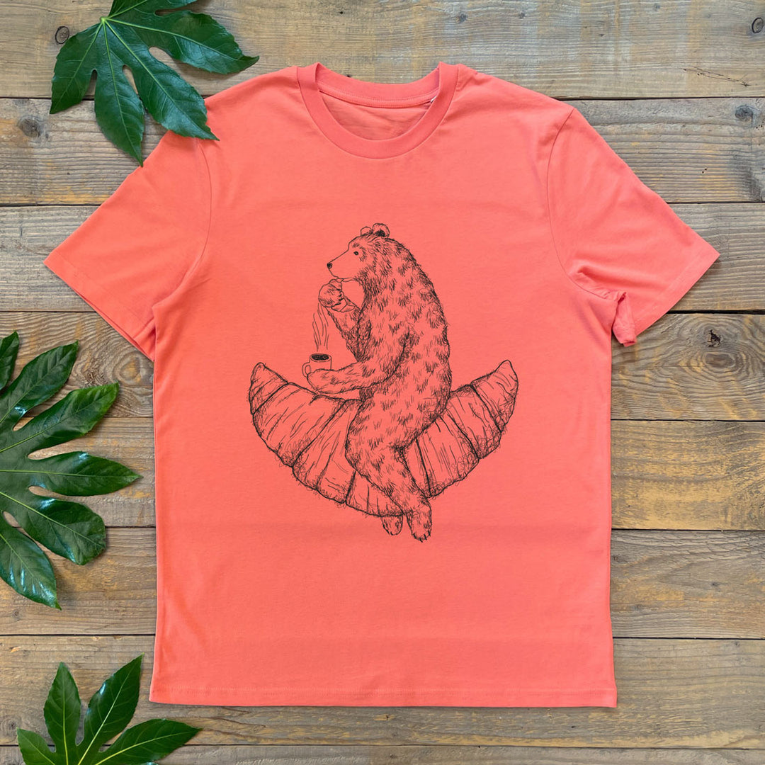 orange tshirt with croissant and bear design