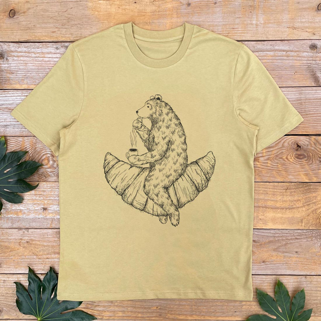 GREEN TSHIRT WITH BEAR EATING A CROISSANT DESIGN