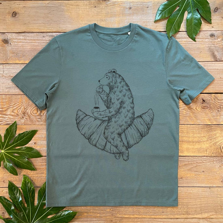 bear riding a croissant design tshirt