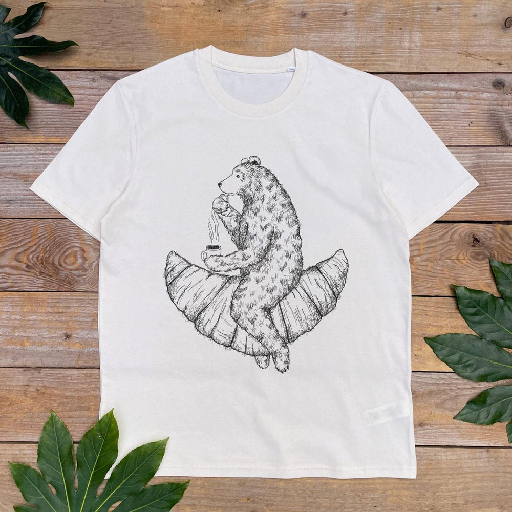 tshirt with bear eating a croissant print
