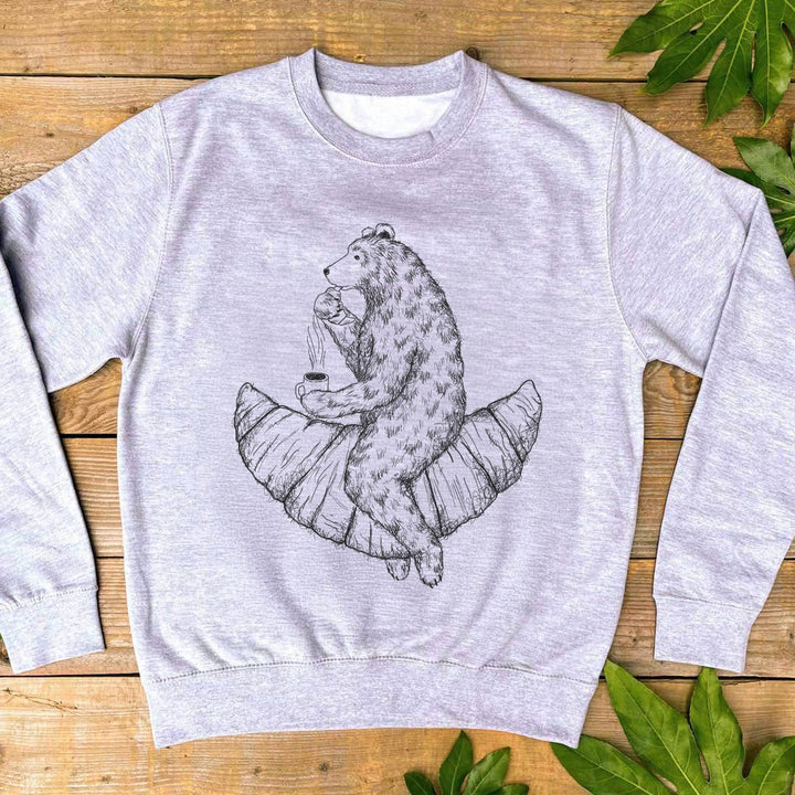 grey jumper with bear and croissants design