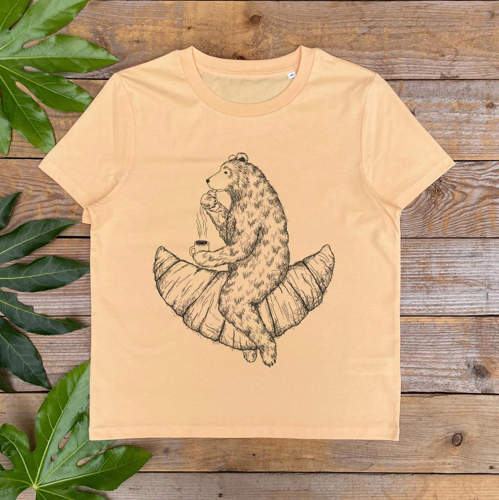 womens tshirt with bear riding croissant design