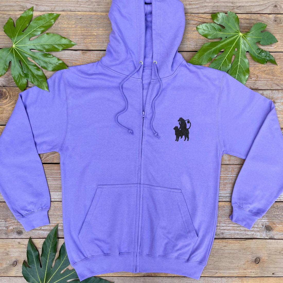 cat and bear pocket print purple hoodie