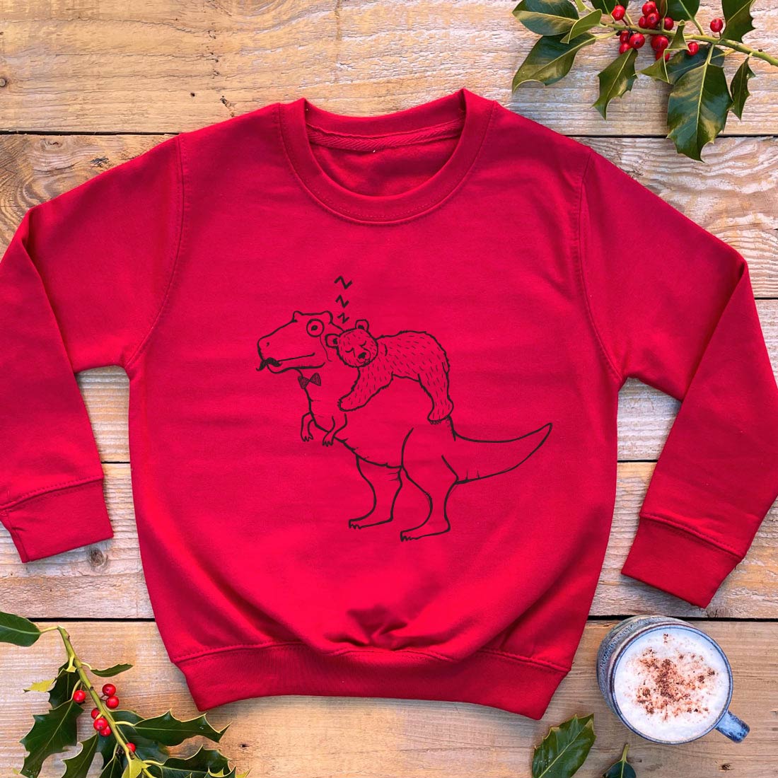 kids jumper with bear cub sleeping on dinosaur