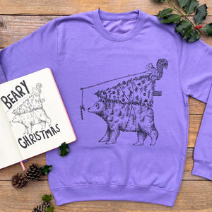 purple xmas jumper with squirrel and bear