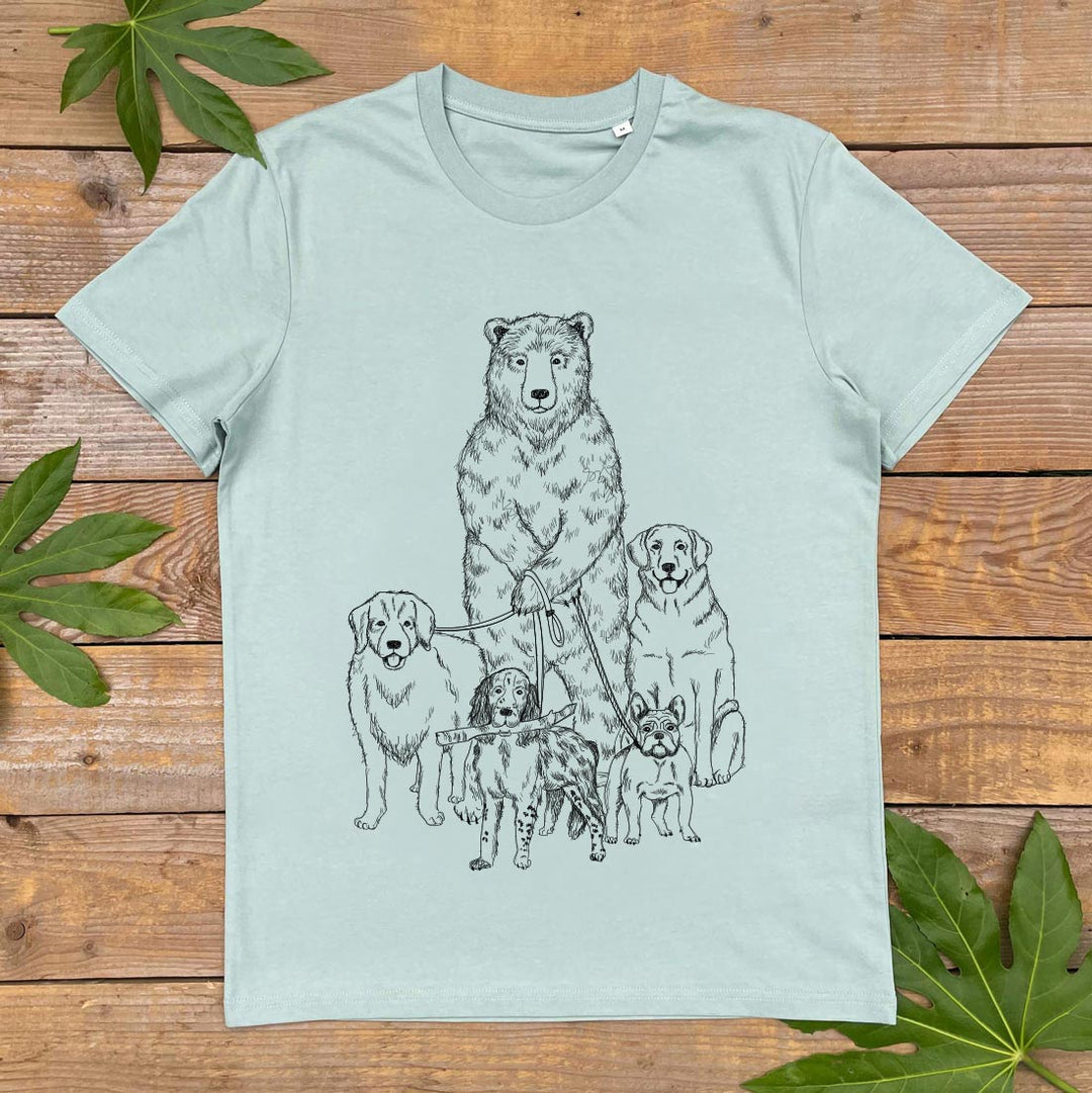 mint tshirt with bear walking lots of dogs print