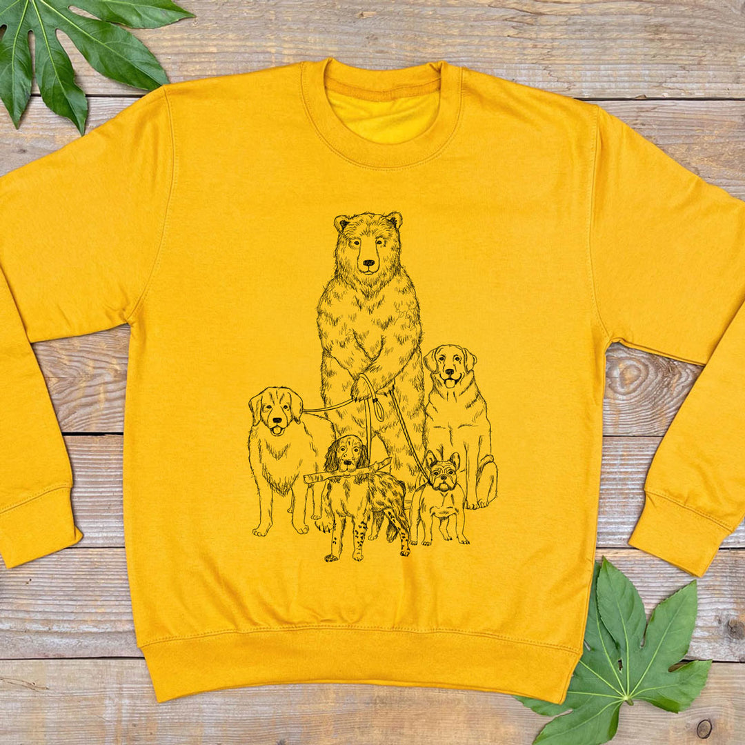 mustard colour sweater with bear dog walking design