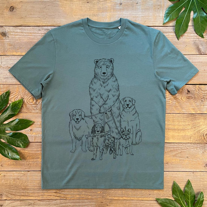 tshirt with bear and lots of dogs on leads design