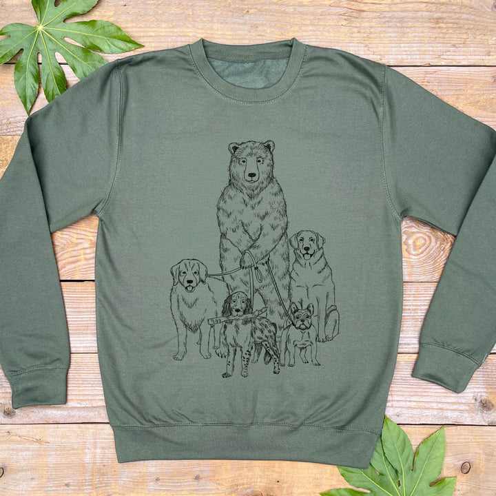 dark green jumper with bear walking dogs print