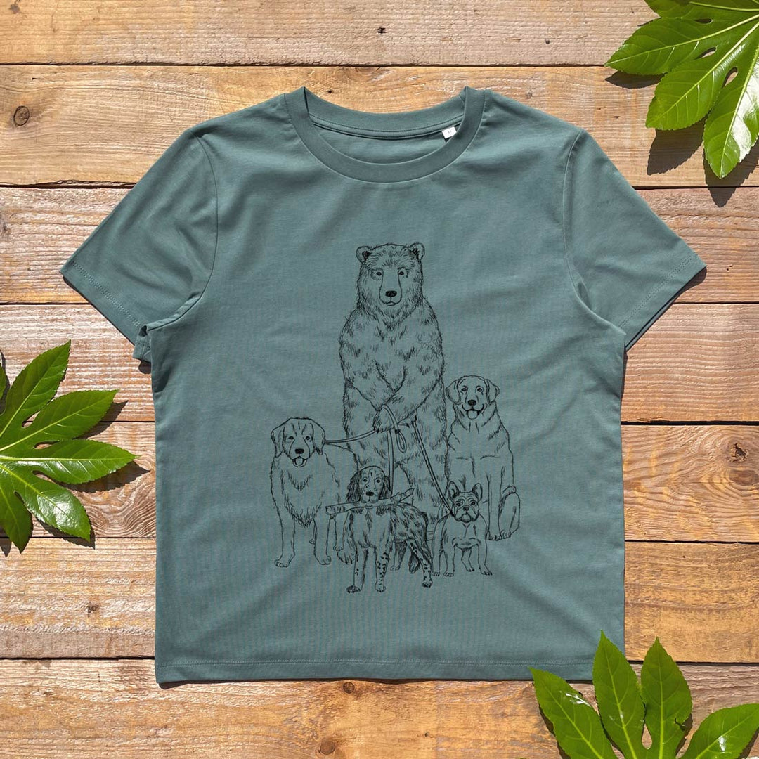 womens tee with bear and dogs design