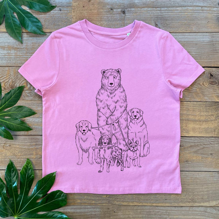 pink tshirt with printed bear walking dogs design