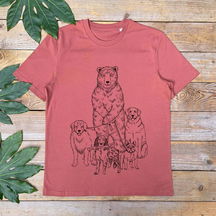 brown tshirt with bear with lots of dogs on leads walking print