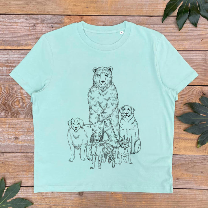 mint green tshirt with bear walking lots of dogs design