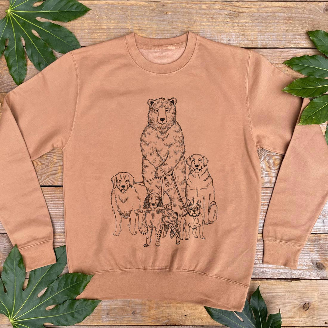brown sweater with bear walking dogs print
