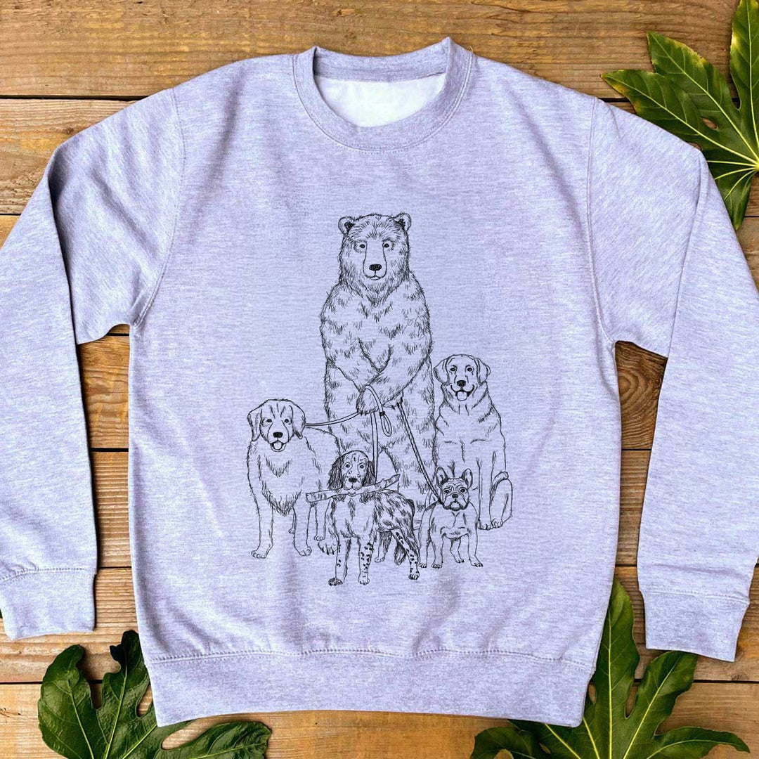 grey jumper with bear walking lots of dogs design