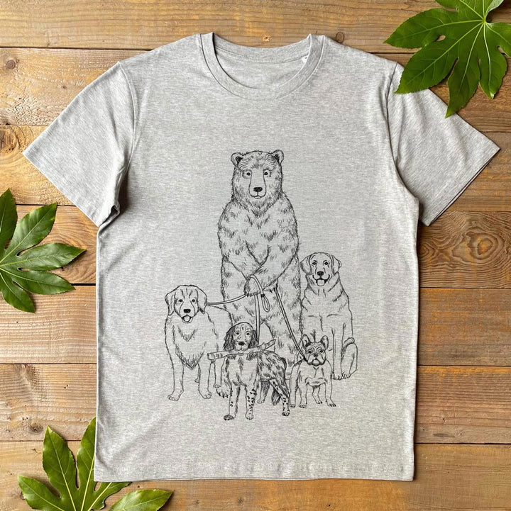 grey tshirt with lots of dogs on leads being walked by a bear print