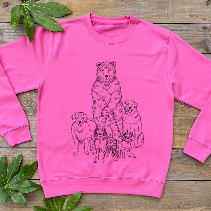 pink jumper with bear walking lots of dogs design
