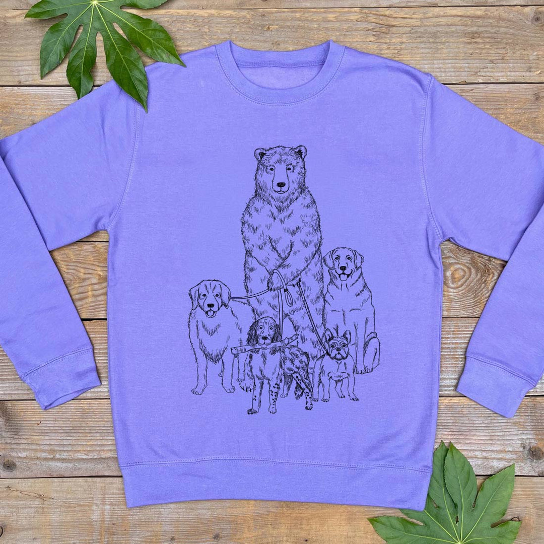 purple jumper with bear walking dogs print