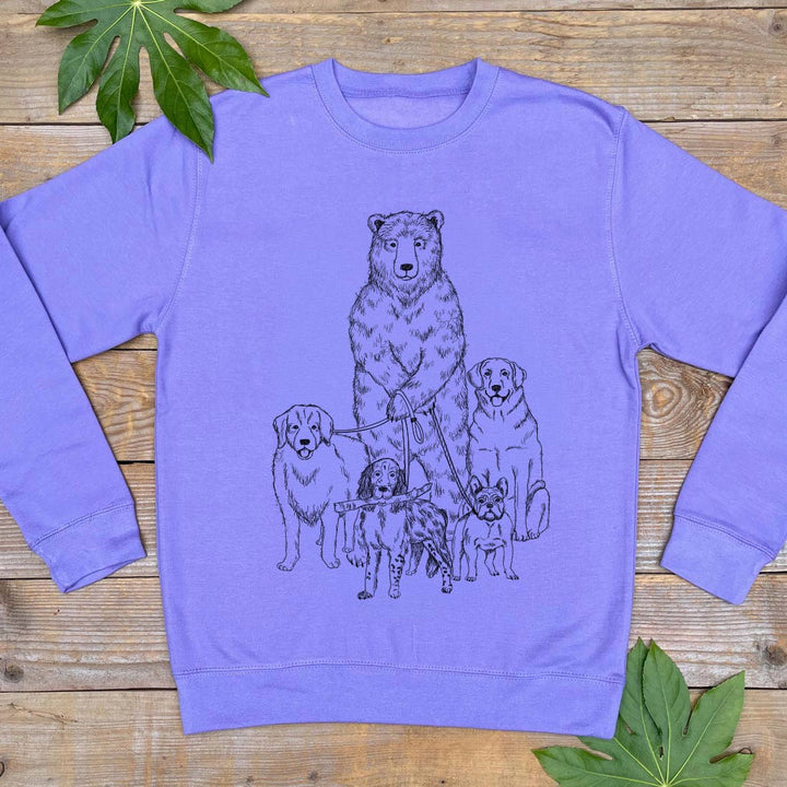 purple jumper with bear walking dogs print