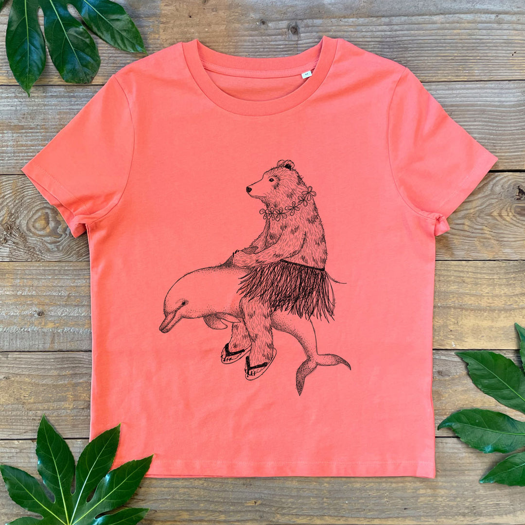 bear riding dolphin womens tee