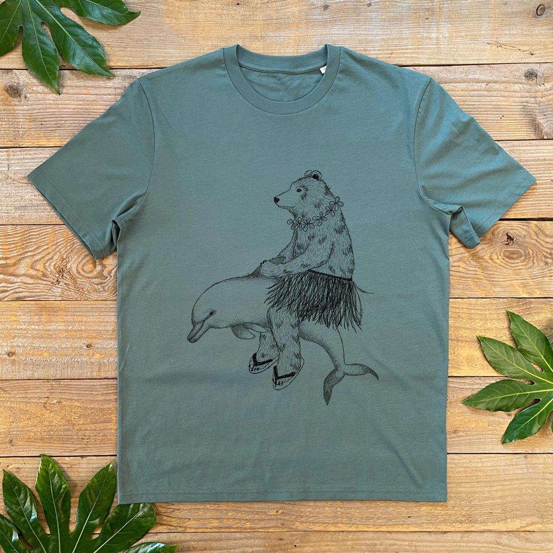 bear riding a dolphin hulu tee
