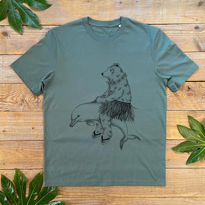 bear riding a dolphin hulu tee
