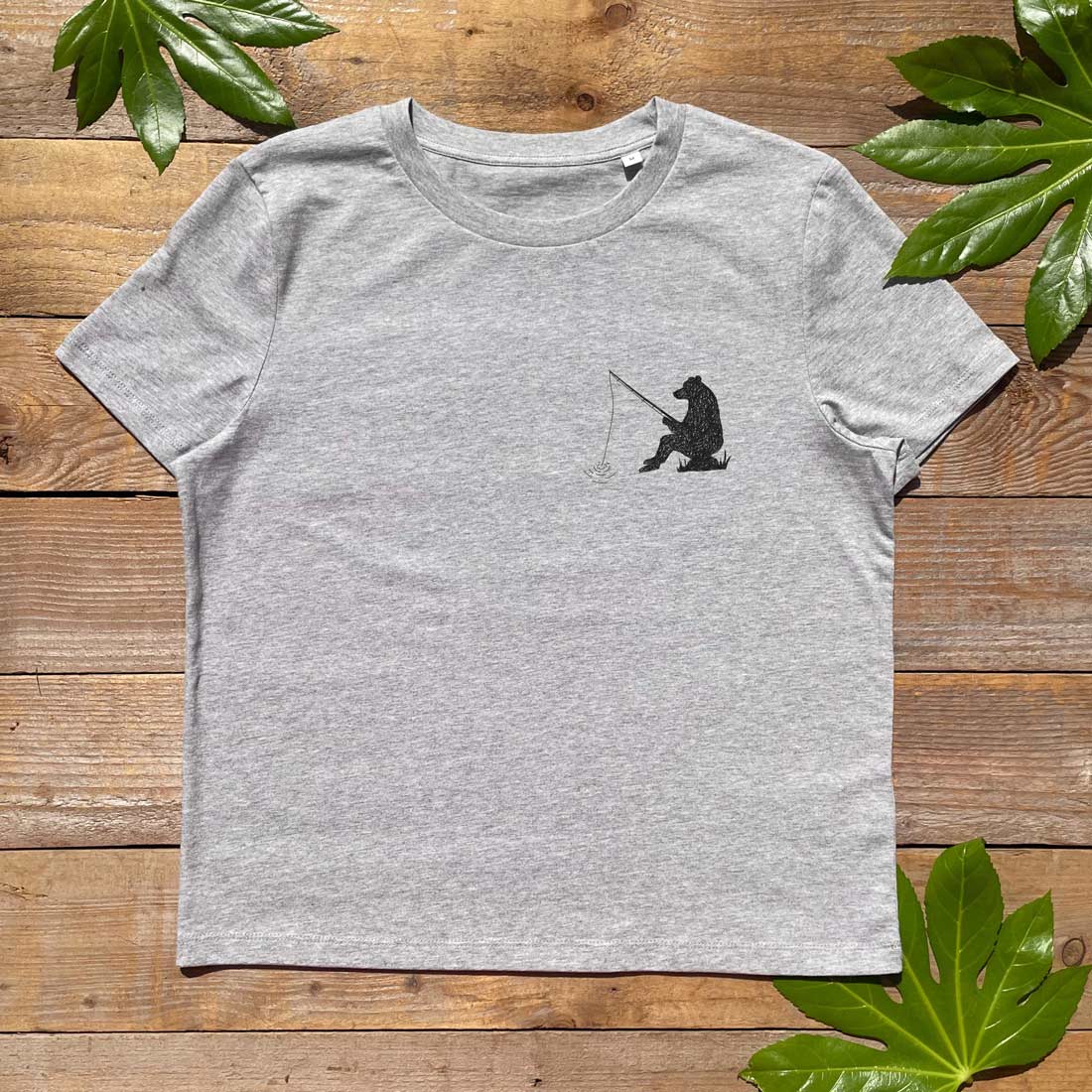 grey tee with bear fishing