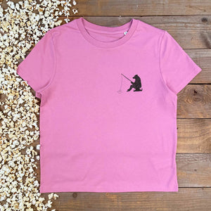 pink tee with bear fishing