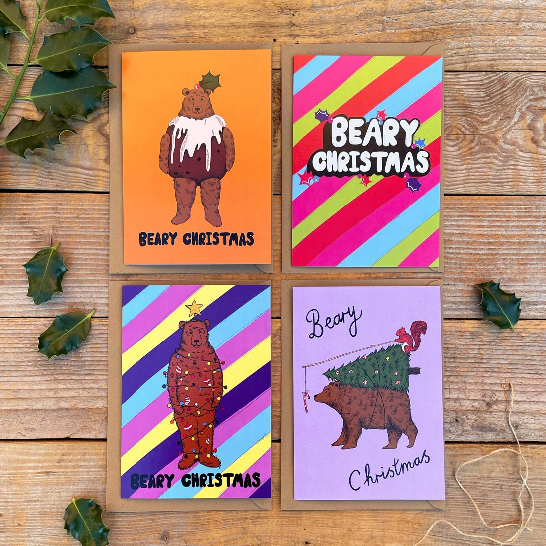 set of 4 bear themed xmas cards