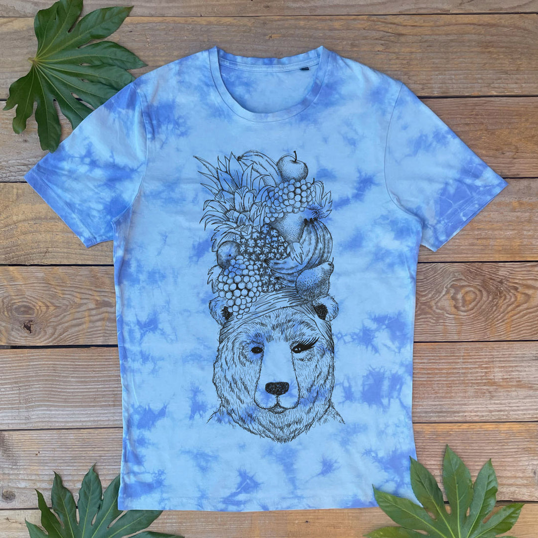 bear and fruit blue tie dye tee