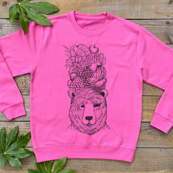pink jumper nwith bear in fruit hat