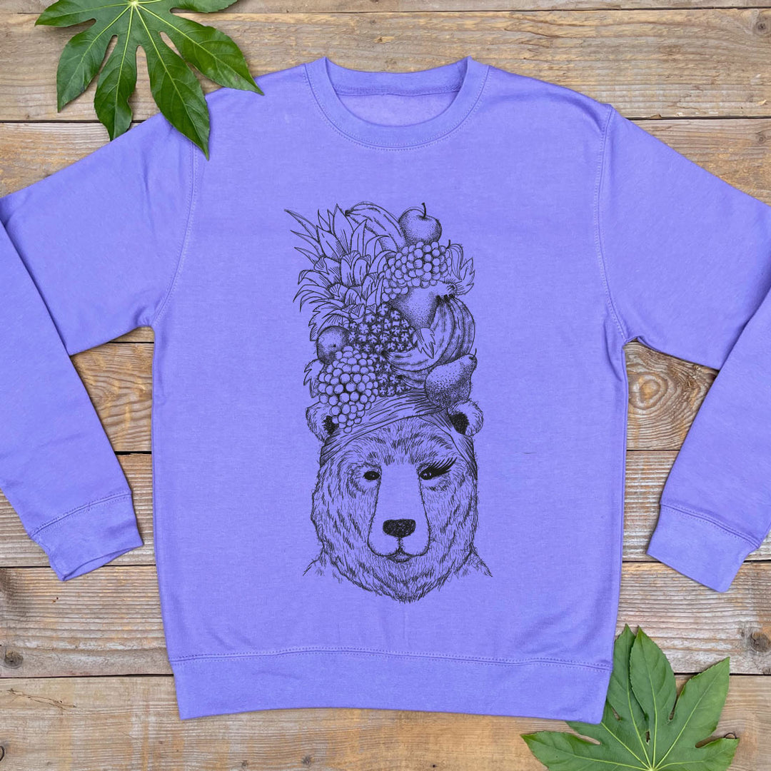 purple jumper with bear and fruit