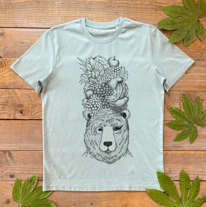 bear wearing fruit hat mens tee