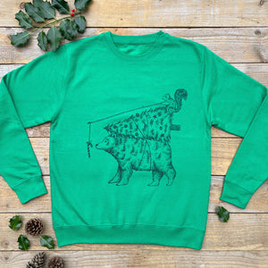 green christmas jumper with bear and squirrel